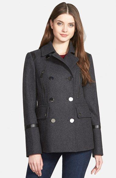 michael michael kors faux leather trim wool blend peacoat